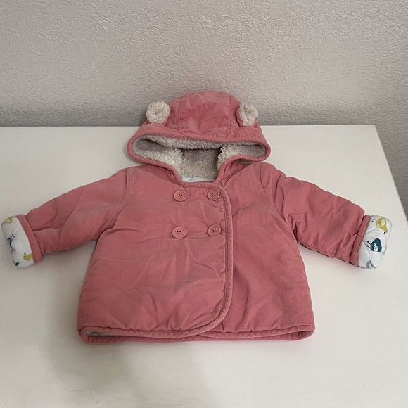 Baby Boden Pink Corduroy Ears Hooded Coat Jacket Bird Lined Girls Sz 6-12 Months